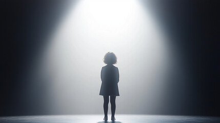 Obraz premium The Spotlight's Embrace: A solitary silhouette of a young girl stands bathed in the brilliance of a single spotlight, a dramatic.