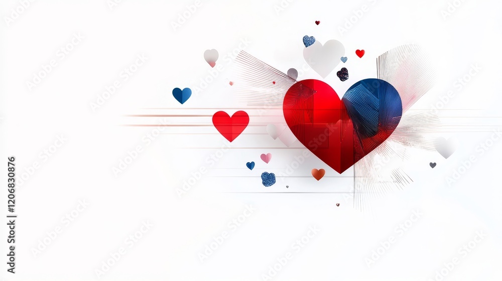 Poster abstract design featuring a large vibrant heart surrounded by smaller colorful hearts, blending mode
