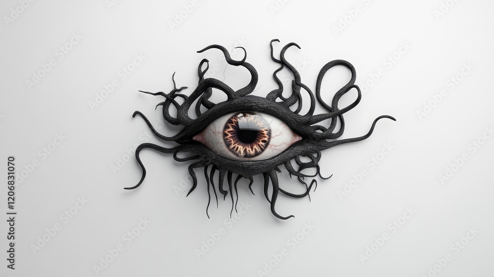 Poster intricate eye design with tentacle-like extensions: an artistic interpretation of vision and mystery