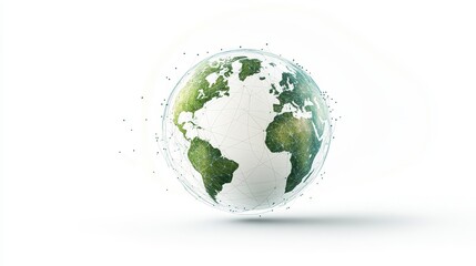 Abstract visualization of a globe symbolizing global connection, sustainability, and technology, showcasing a digitally created Earth with green landscapes and networks.