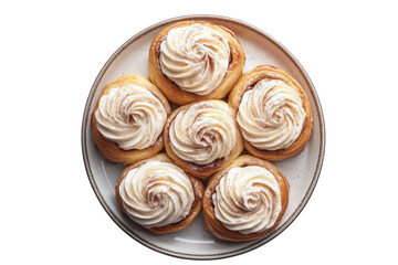 Fototapeta premium Delicious cinnamon rolls with creamy frosting arranged on a plate for a delightful dessert experience