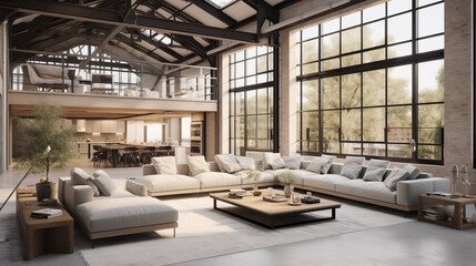 Modern industrial loft interior with high ceilings and large windows, featuring cozy furniture and warm tones, illuminated by natural light.