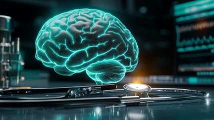 Obraz premium Innovative health technology solutions for brain wellness in medical facilities digital environment 3d visualization