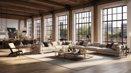 Modern industrial loft interior with high ceilings and large windows, featuring cozy furniture and warm tones, illuminated by natural light.