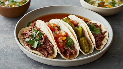 Barbacoa tacos served with consomme and pickled vegetables