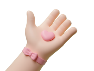 A 3D hand offering a small heart, There is a pink bow on the wrist. representing Valentine's Day love
