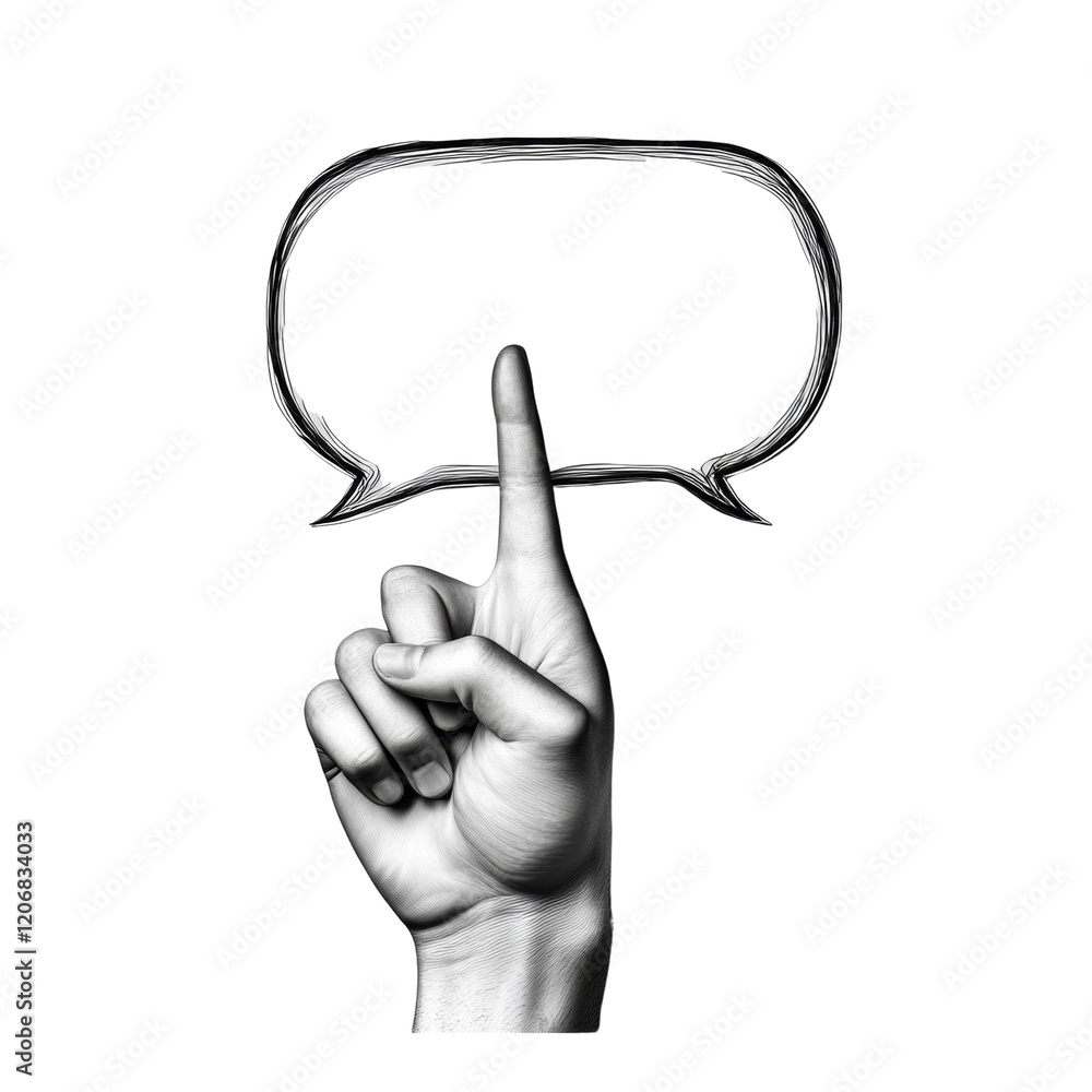 Poster A grayscale illustration depicts a hand with its index finger pointing upwards at a blank speech bubble symbolizing communication and ideas.