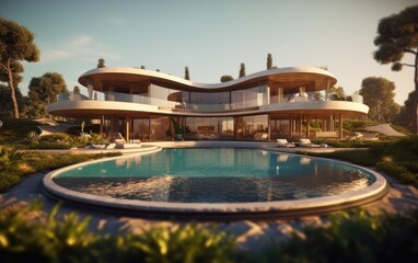 Fototapeta premium Modern Villa with Swimming Pool and Lush Greenery