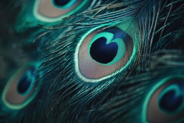 Naklejka premium A close-up view of vibrant peacock feathers showcasing intricate patterns and vivid colors. The striking blue and green hues create a captivating display.