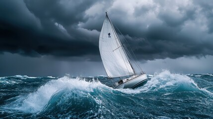 A dramatic scene of a sailboat navigating through turbulent waters under a stormy sky, capturing the essence of adventure and nature's fury.