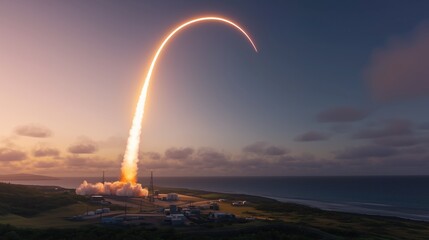 A rocket taking off from launch complex. Lift off. A rocket launch from a coastal landing. Takeoff. Fiery tail. Shuttle. Trail