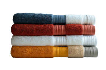 Soft towels stacked neatly in vibrant colors, showcasing a cozy and inviting bathroom aesthetic