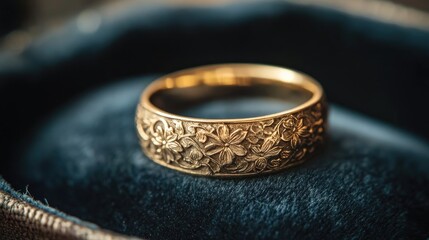 A gold ring with intricate floral engraving resting on a velvet cushion.