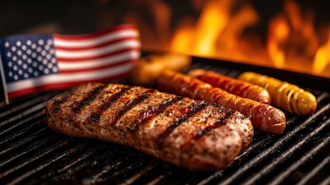 4th of July Backyard BBQ with Grilled Food and American Flags for USA Independence Day Celebration