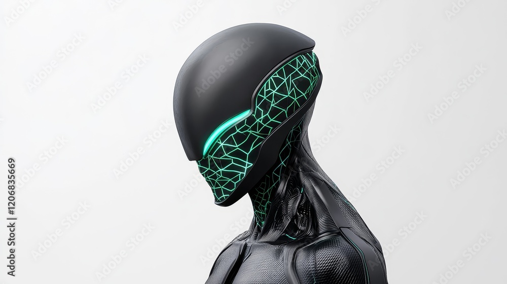 Poster futuristic humanoid robot showcasing sleek design with a glowing green geometric pattern, representi