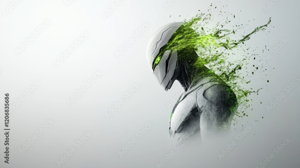 Poster dynamic futuristic warrior with fluid green energy visualizing strength and power, merging technolog