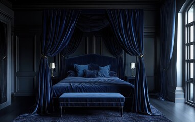 A dark, opulent bedroom with a four-poster canopy bed, draped in luxurious velvet curtains that cascade down in rich tones of deep blue. 