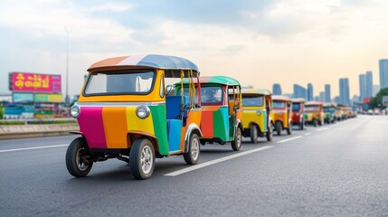 Naklejka premium Colorful Lineup of Tuk-Tuks on a City Street, Showcasing Vibrant Transportation Options Against a Urban Backdrop, Ideal for Travel and Culture Themes
