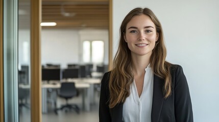 A professional woman smiles in an office setting, showcasing a modern workspace.