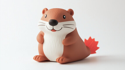 Fototapeta premium A plain, white background with one beaver toy, Canada's national animal, in red and white.