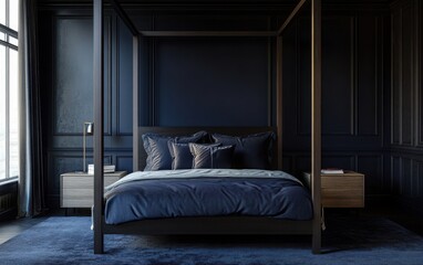 A serene dark blue bedroom with a four-poster bed positioned centrally, paired with a nightstand and subtle, minimalistic decor.