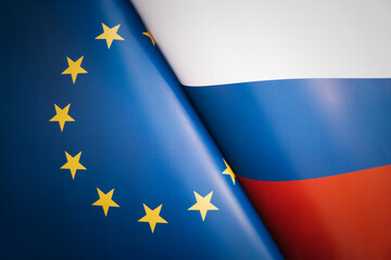 Flags European Union and Russia. concept of international relations between countries. The state of...