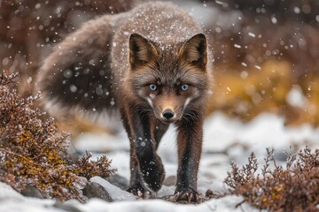 Obraz premium A strikingly beautiful fox walks through a snowy landscape, showcasing its thick fur and captivating blue eyes against a backdrop of soft snowflakes.