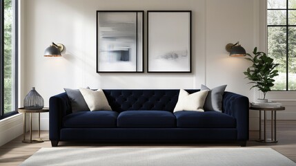 Navy velvet sofa in modern living room, sunlight streaming through window, artwork on wall, interior design inspiration