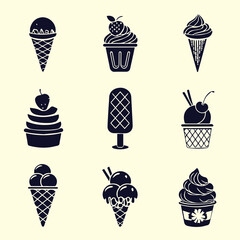 Ice Cream and Popsicle Icons Silhouettes set vector 