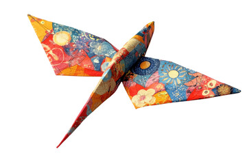 Colorful origami bird crafted with intricate patterns and vibrant hues displayed on a clean white background