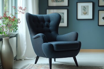 Elegant dark gray wingback chair with square buttons and black legs, light blue walls, white...