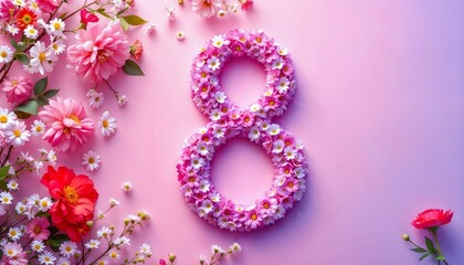 A colorful floral design creates the number eight set against a pink backdrop, symbolizing International Women's Day