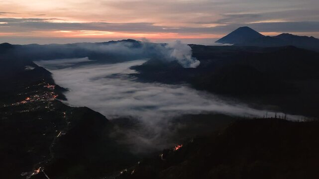 active, adventure, aerial landscape, aerial view, asia, bromo, bromo volcano, cloud, cloudy, destination, drone, east java, eruption, fog, hiking, indonesia, island, java, landmark, landscape, light, 