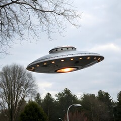 Classic UFO Hovers Over Trees
