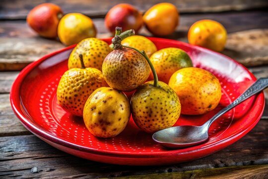 Sun-drenched Guatemalan nances glow vibrantly yellow and brown, a captivating contrast against a red plate, set against a breathtaking landscape.