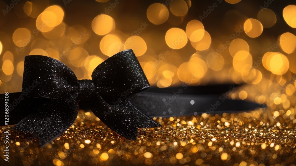 Poster sparkling black bow resting on shimmering golden glitter background creating a festive and elegant a