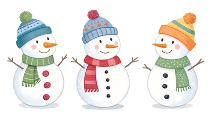 Three Cute Snowmen with Hats and Scarves