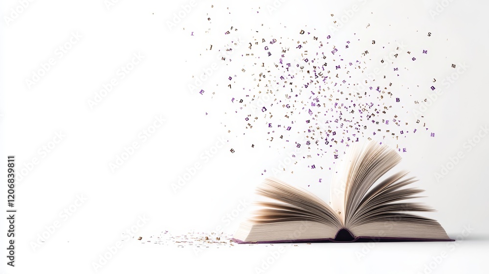 Poster open book with pages flying and colorful letters in air creating a magical and inspirational atmosph