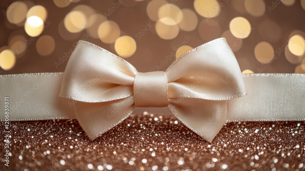 Poster elegant gold bow resting on sparkling surface with warm bokeh lights creating a festive atmosphere
