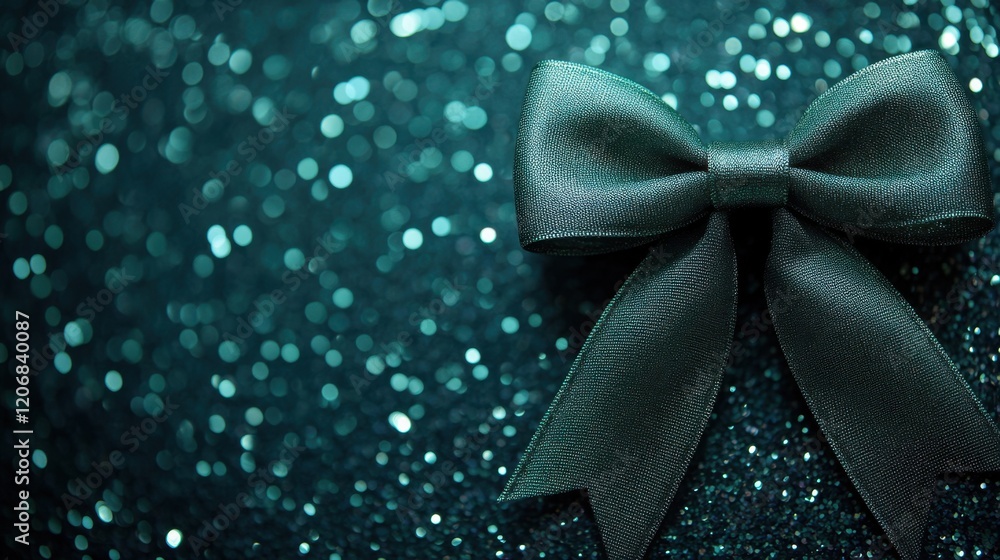 Poster elegant dark bow resting on a sparkling green surface, perfect for adding a touch of glamour to any 