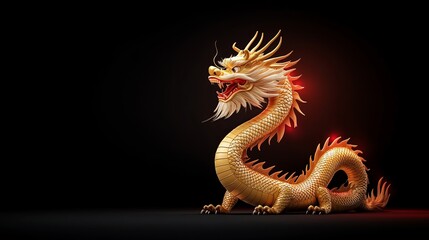 Fototapeta premium Golden Dragon Illustration with Vibrant Colors and Dramatic Lighting on a Black Background, Perfect for Fantasy Themes and Mythical Artwork Needs