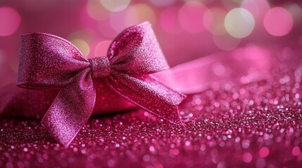 Sparkling pink ribbon bow resting on glittery surface, evoking a celebratory mood and enchanting ambiance