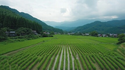 A sea of green rice plants stretching into the distance under a cloudy sky.