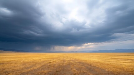Fototapeta premium Expansive Golden Field Under Dramatic Stormy Sky with Rolling Clouds Highlighting Contrast Between Earth and Atmosphere in Remote Landscape