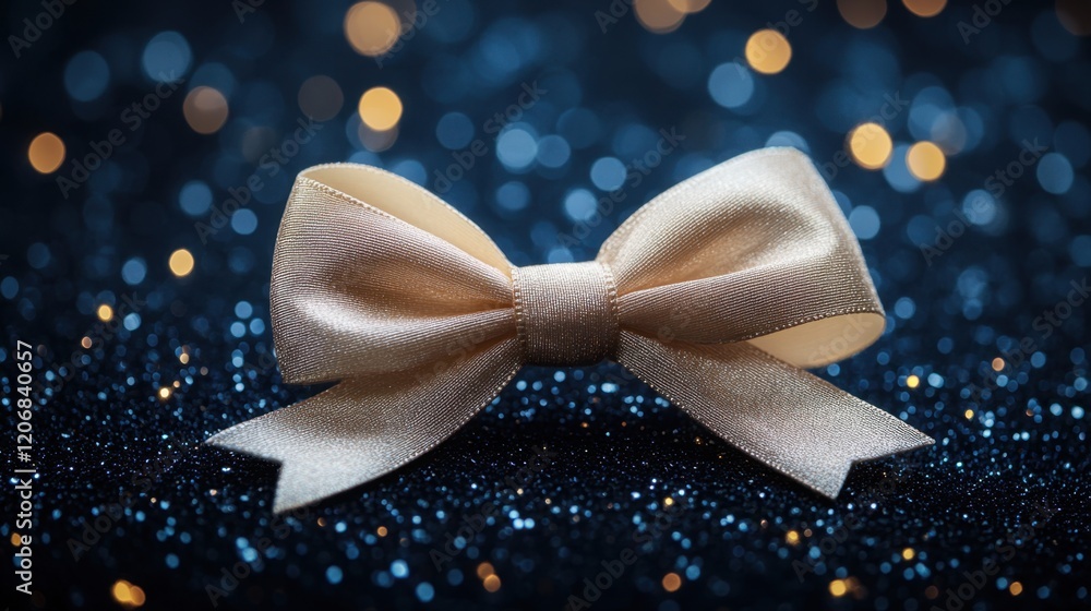 Poster elegant golden bow resting on a shimmering blue surface, surrounded by soft bokeh lights in the even