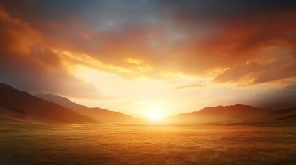 Fototapeta premium Breathtaking Sunset Over Rolling Hills and Valleys with Vibrant Orange and Blue Sky, Capturing Nature's Majestic Beauty in a Scenic Landscape