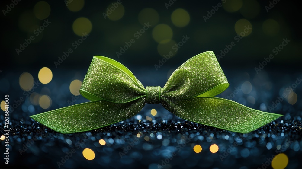 Poster sparkling green bow on a dark surface with shimmering lights creating a festive atmosphere