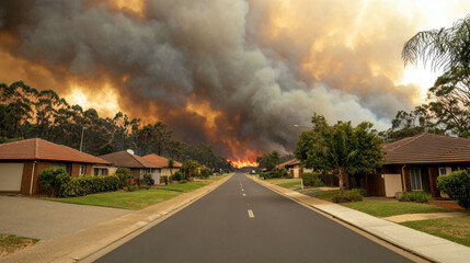 Obraz premium A dramatic scene of a neighborhood threatened by a raging wildfire, with dark smoke billowing into the sky and flames flickering in the distance.