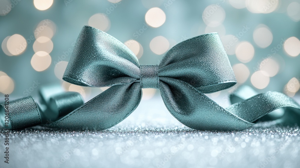 Aufkleber elegant teal ribbon bow resting on a sparkling surface with a soft bokeh background creating a festi