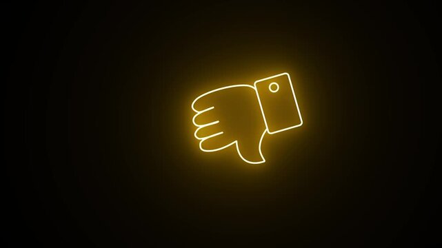 Glowing yellow neon social media dislike button symbol. Animated neon thumb down sign icon animation